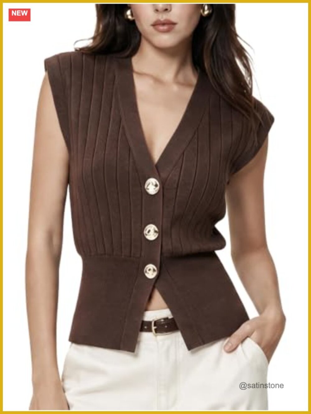 Ribbed Knit Button Front Sweater Vest V-Neck Sleeveless Top